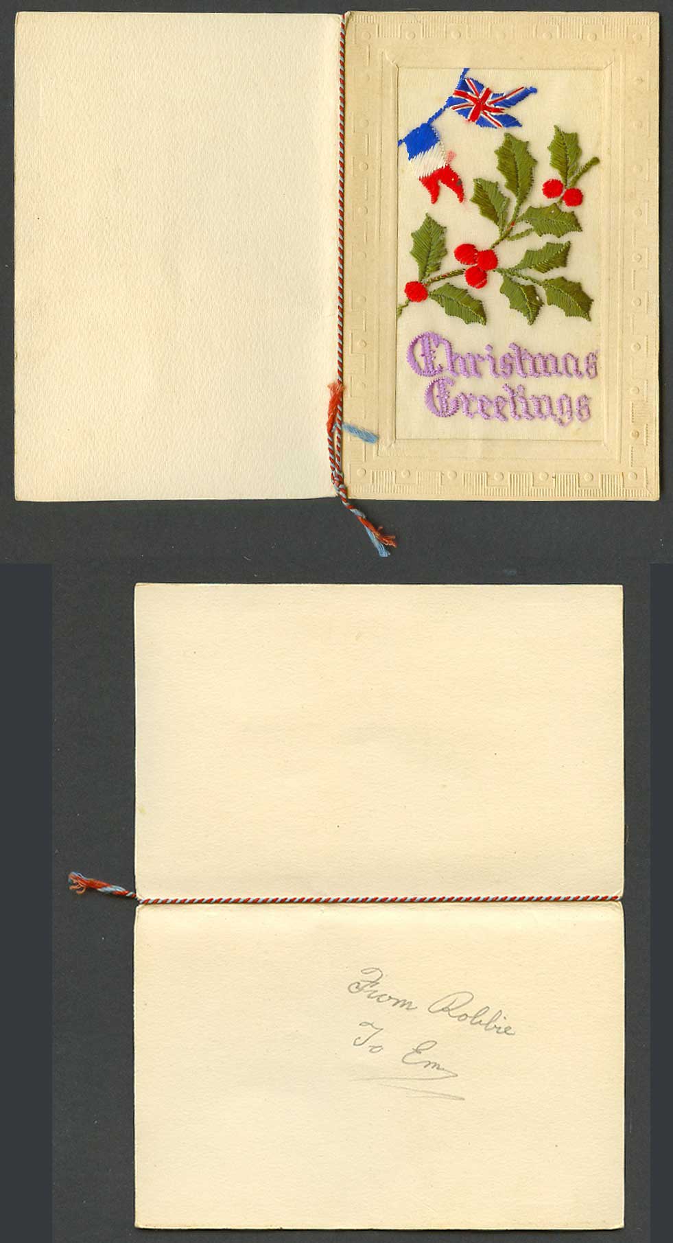 WW1 SILK Embroidered Old Greeting Card Christmas Greetings Holly Flag Flags Xmas