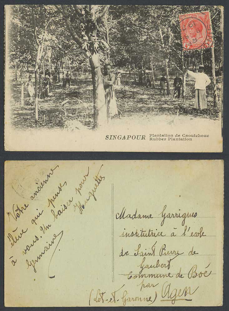 Singapore KG5 4c 1925 Old Postcard Rubber Plantation, Tappers Workers, Singapour