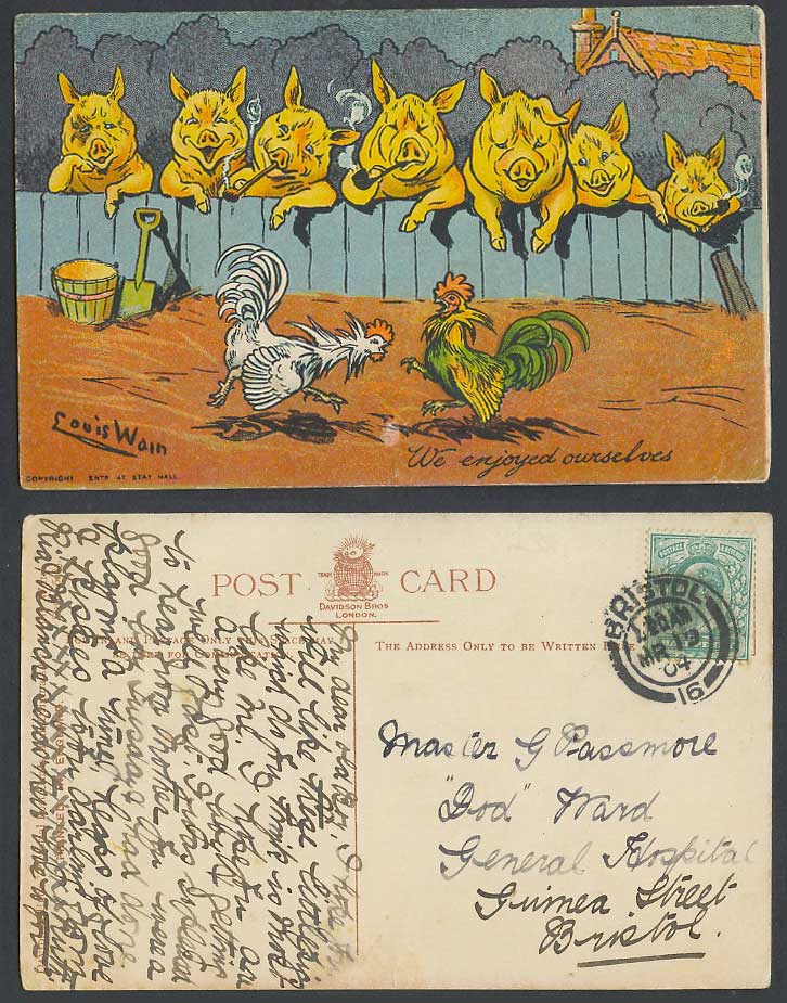 LOUIS WAIN Artist Signed Pigs Rooster Fight We Enjoy Ourselves 1904 Old Postcard