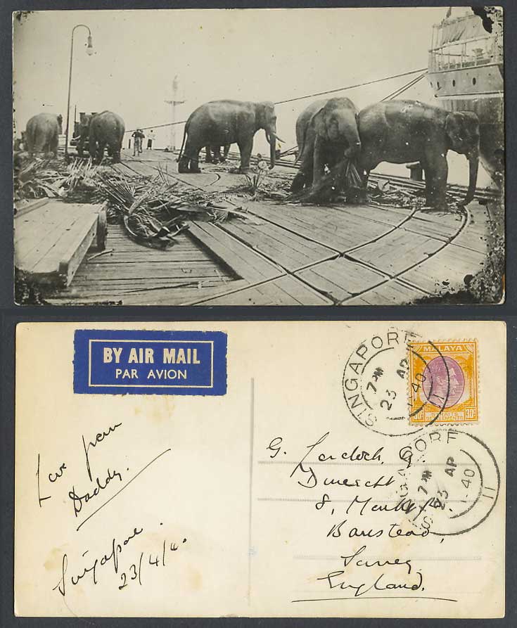 Singapore KG6 30c 1940 Old Real Photo Postcard Elephants Working on a Ship Boat