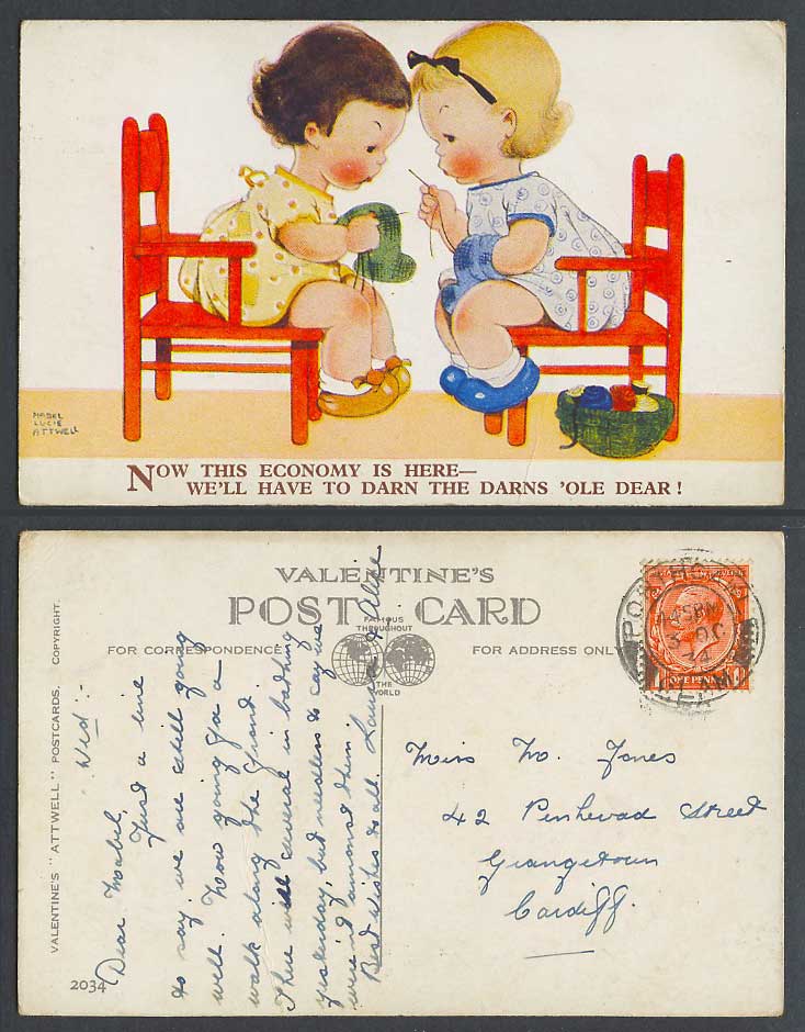 MABEL LUCIE ATTWELL 1934 Old Postcard This Economy is Here - Darn the Darns 2034
