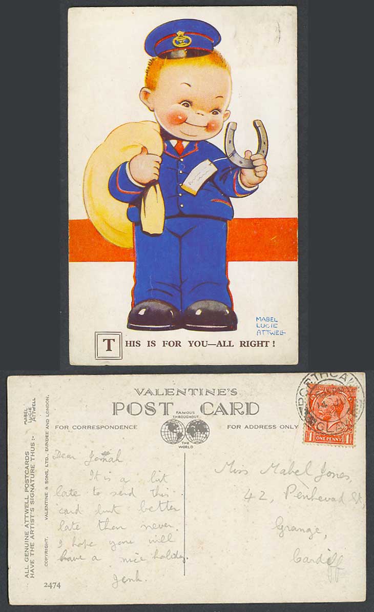 MABEL LUCIE ATTWELL 1934 Old Postcard Postman Horseshoe This is For U Right 2474