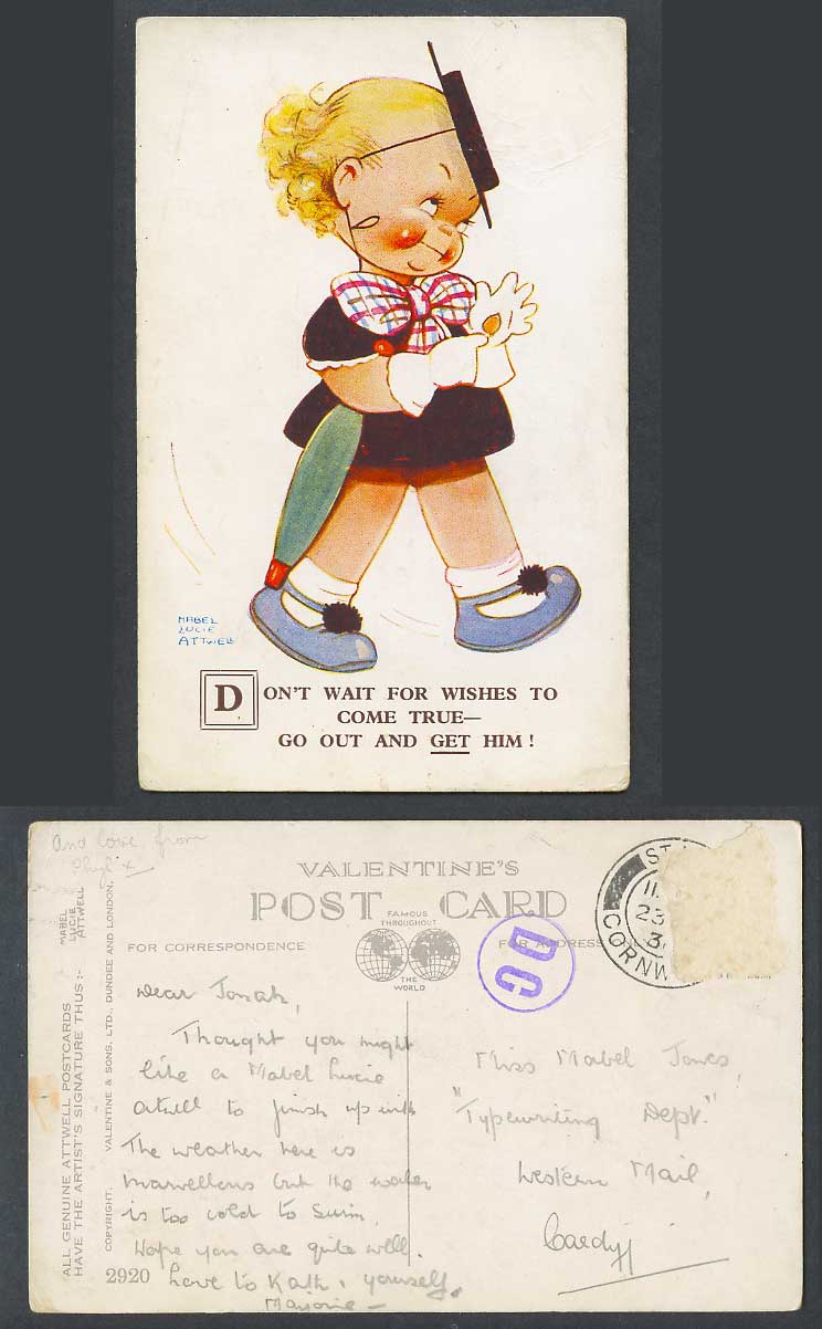 MABEL LUCIE ATTWELL c.1930 Old Postcard Wishes Come True Go Out and Get Him 2920