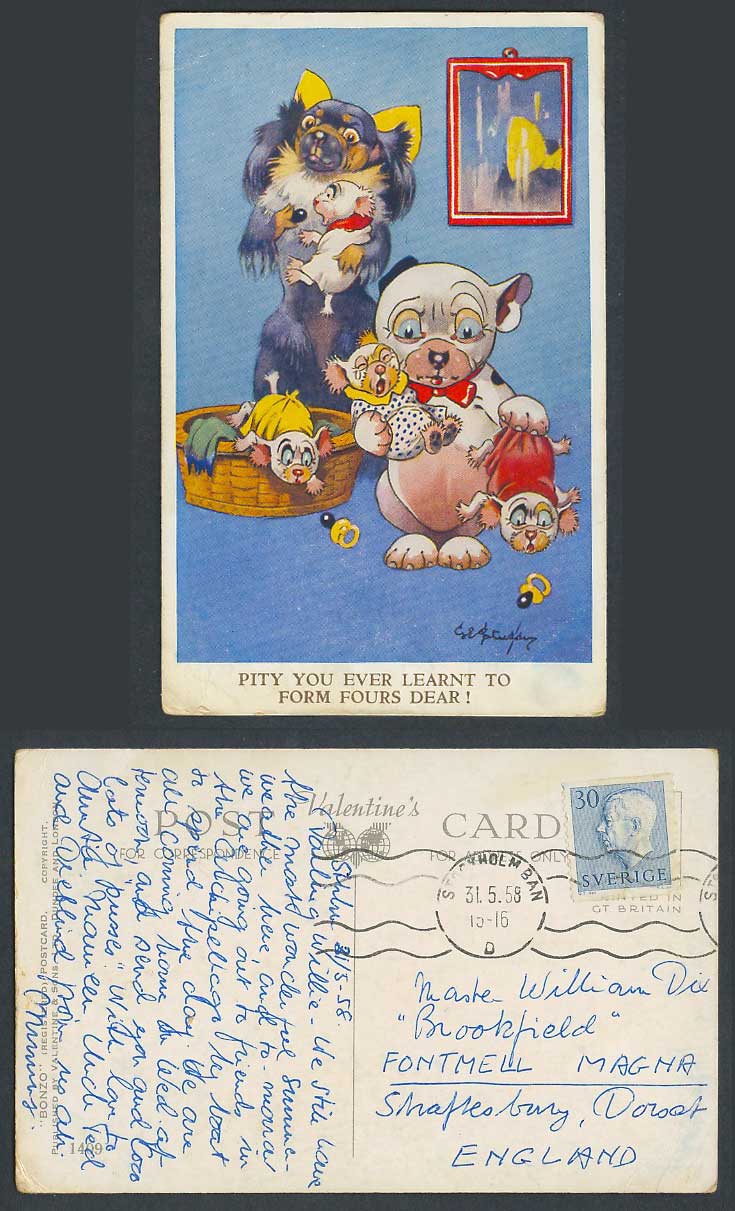 BONZO DOG GE Studdy 1958 Old Postcard Quadruplets Ever Learnt to form Fours 1409