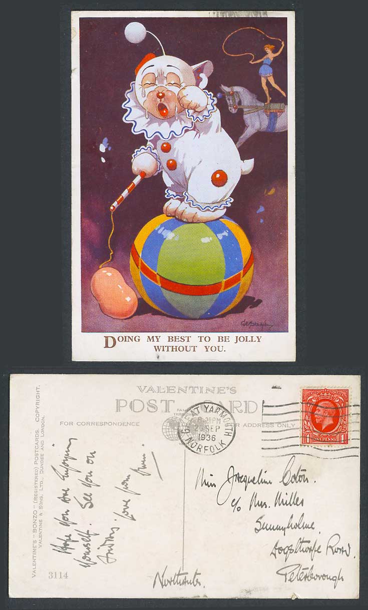 BONZO DOG GE Studdy 1936 Old Postcard Circus Clown, Do Best Jolly Without U 3114