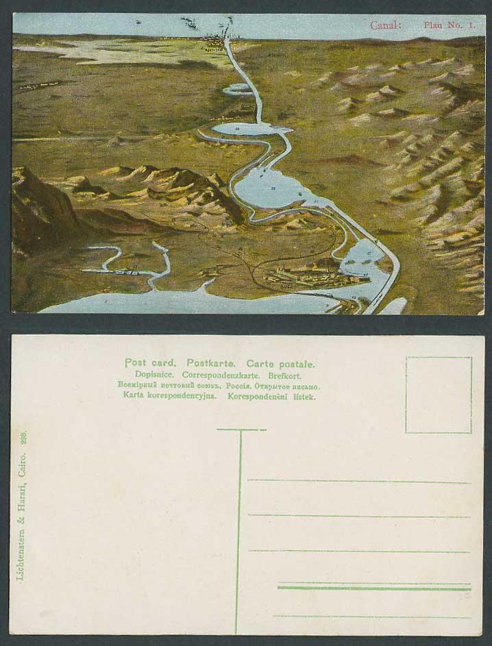 Egypt Old Colour Postcard Port Said MAP Plan No. 1 Canal de Suez Lakes Hills 298