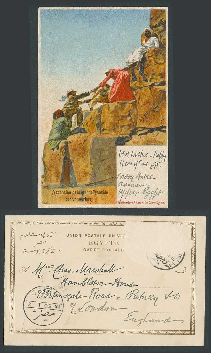Egypt 1902 Old Postcard Natives Help Tourist Climbing Pyramid A.Z. FRANKE Artist