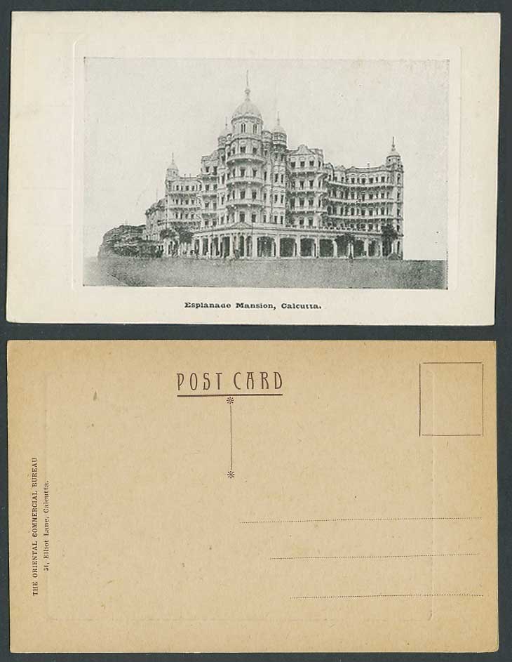India Old Embossed Postcard Esplanade Mansion Building, Calcutta, Street Scene