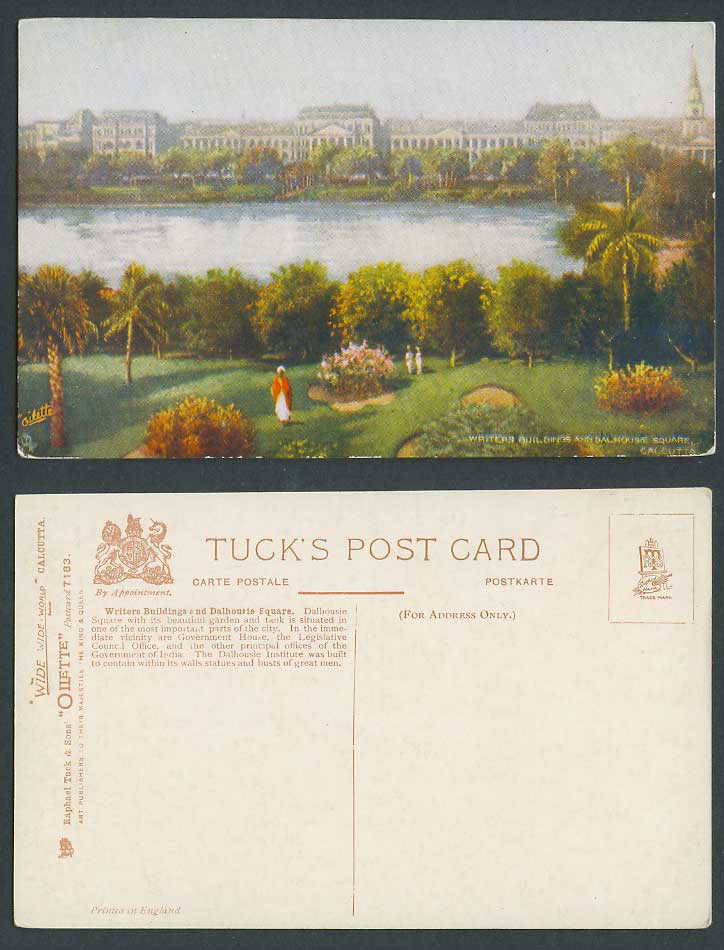 India Old Tuck's Postcard Writers Buildings Dalhousie Square Calcutta Gdn & Tank