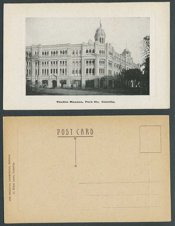India Old Postcard Thadius Mansion Building, Park Str. Street Scene, Calcutta