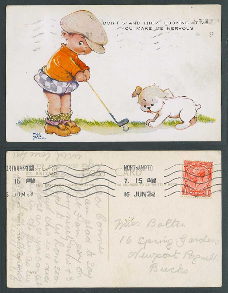 MABEL LUCIE ATTWELL 1924 Old Postcard Golf Ball Golfer Dog U Make Me Nervous 695