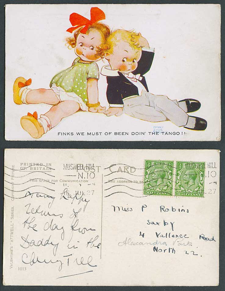 MABEL LUCIE ATTWELL 1927 Old Postcard Finks We Must of Been Doing Tango No. 1013