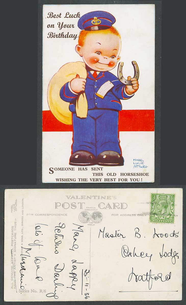 MABEL LUCIE ATTWELL 1934 Old Postcard Postman, Birthday Best Luck, Horseshoe R/6