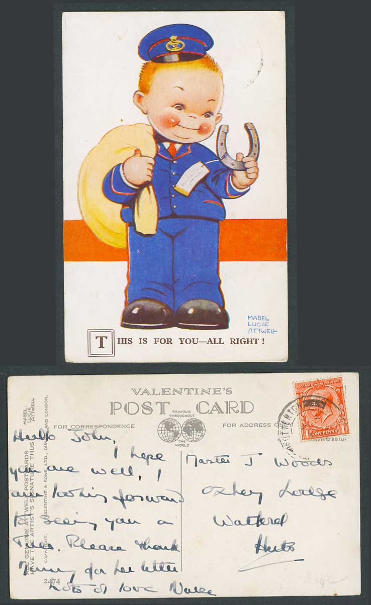 MABEL LUCIE ATTWELL Old Postcard Postman Horseshoe This is For U All Right! 2474