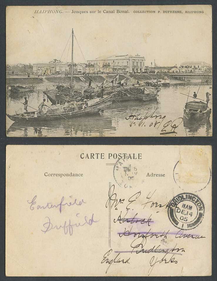 Indo-China 1905 Old Postcard Haiphong Jonques sur Canal Bonal Junks Boats Bridge