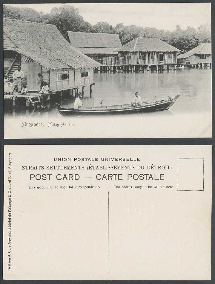 Singapore Old Postcard Malay Village Native Houses or Huts on Stilts, Canoe Boat