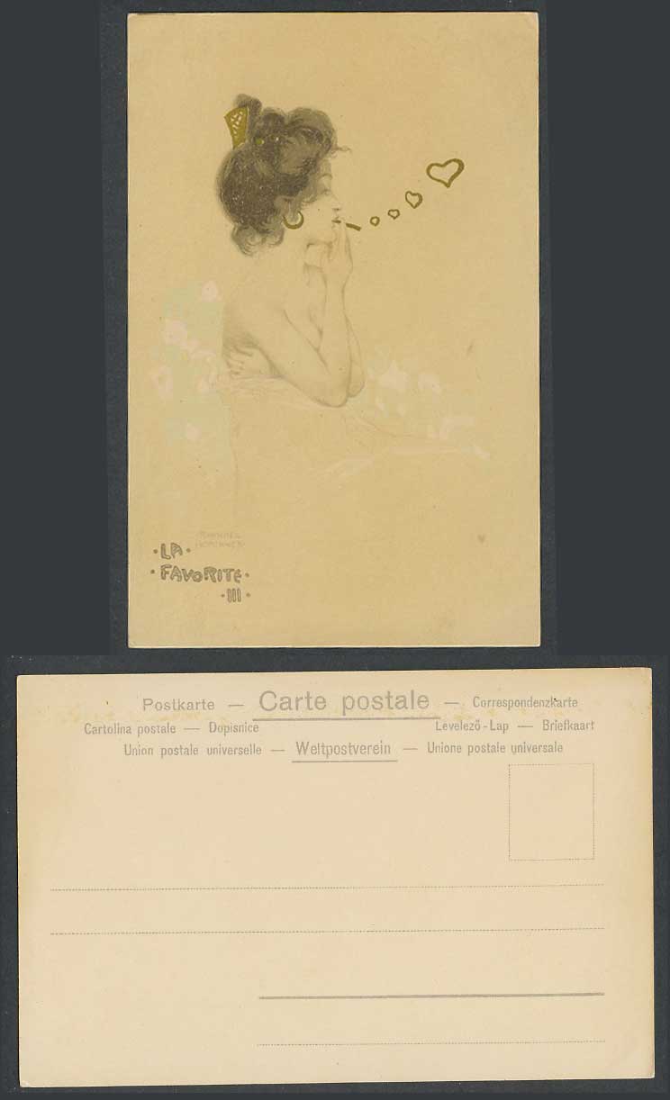 Raphael Kirchner Old Postcard La Favorite III. Glamour Lady Woman Smoking Hearts
