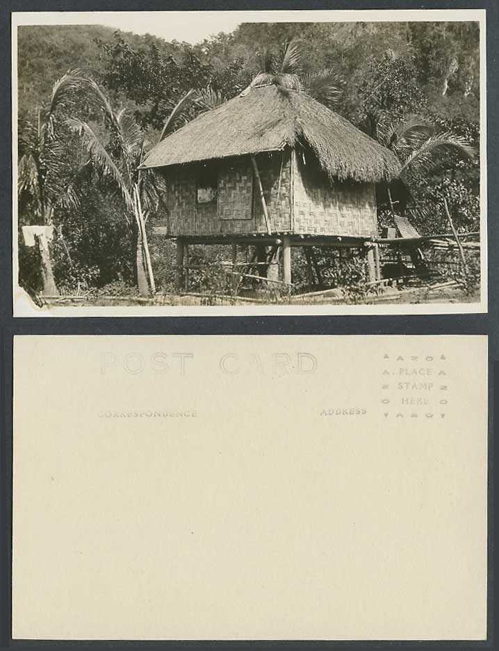 Philippines Old Real Photo Postcard Native House Hut on Stilts, Palm Trees Hills