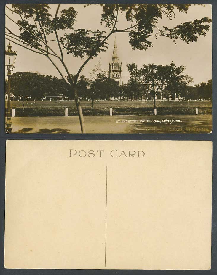 Singapore Old Real Photo Postcard St. Andrew's Cathedral Church Tower and Street