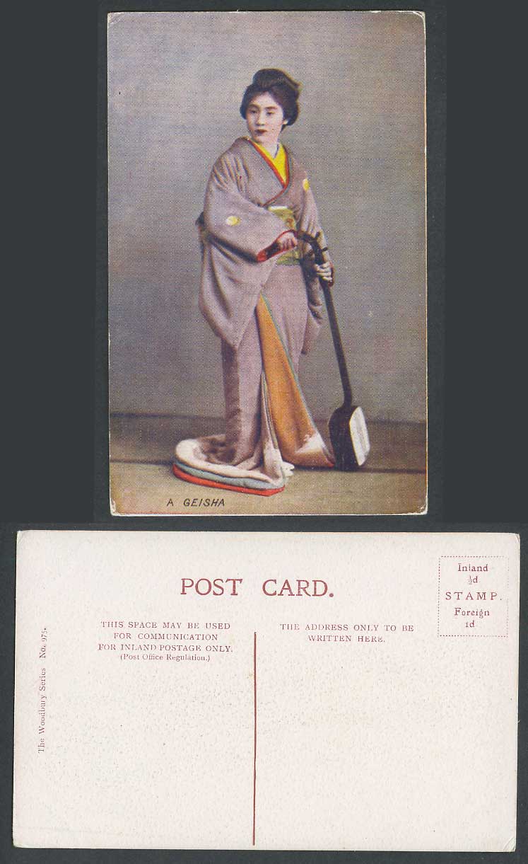 Japan Old Postcard A Japanese Geisha Girl Woman Lady, Musician & Samisen, Kimono