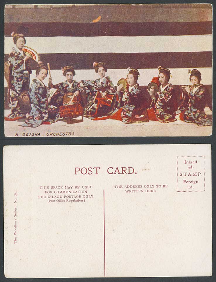 Japan Old Postcard A Geisha Orchestra, Girls Musicians Taiko Tsuzumi Drums Flute