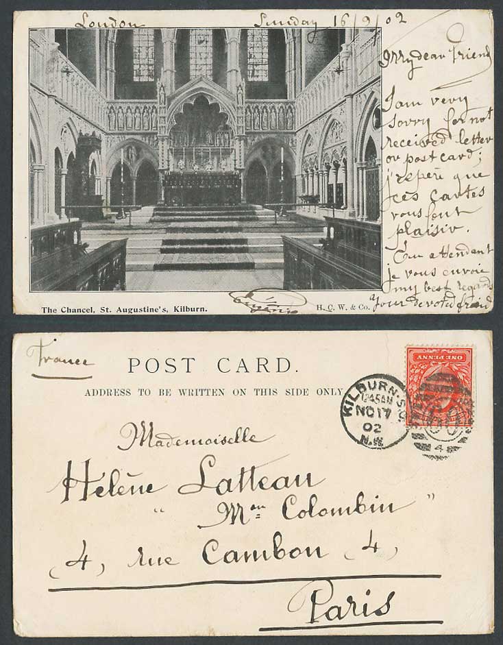 London 1902 Old UB Postcard Kilburn, The Chancel St. Augustine's Church Interior