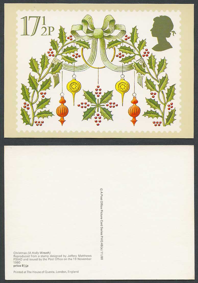 PHQ Card 1980 Christmas A Holly Wreath 17 1/2p by Jeffery Matthews Postcard Xmas