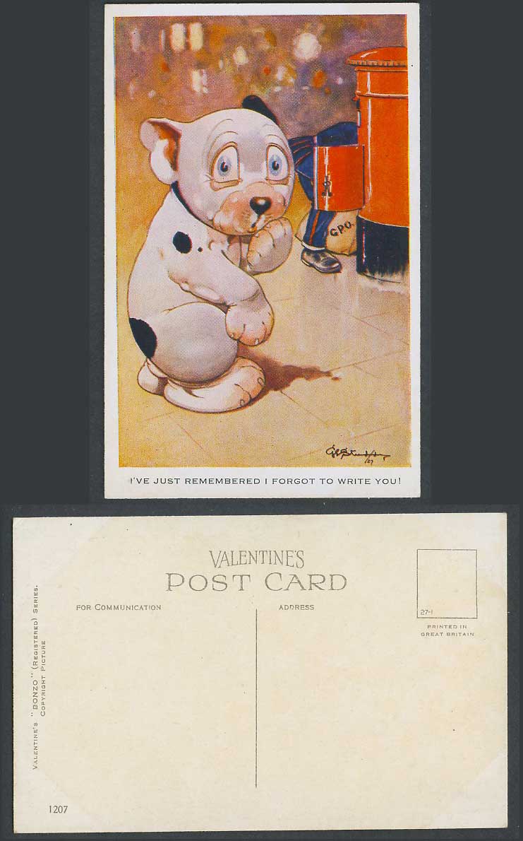 BONZO DOG GE Studdy Old Postcard Remembered Forgot to Write You GPO Postman 1207