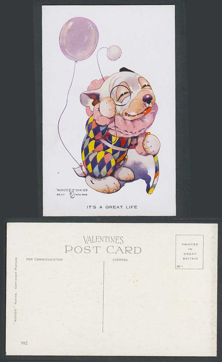BONZO DOG GE Studdy Old Postcard It's a Great Life Clown Puppy Holds Balloon 992