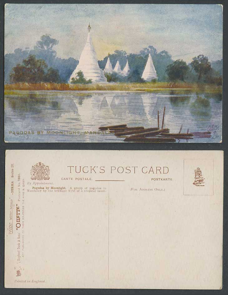 Burma E. Pishay 1908 Old Tuck's Oilette Postcard Mandalay Pagodas Moonlight, ART
