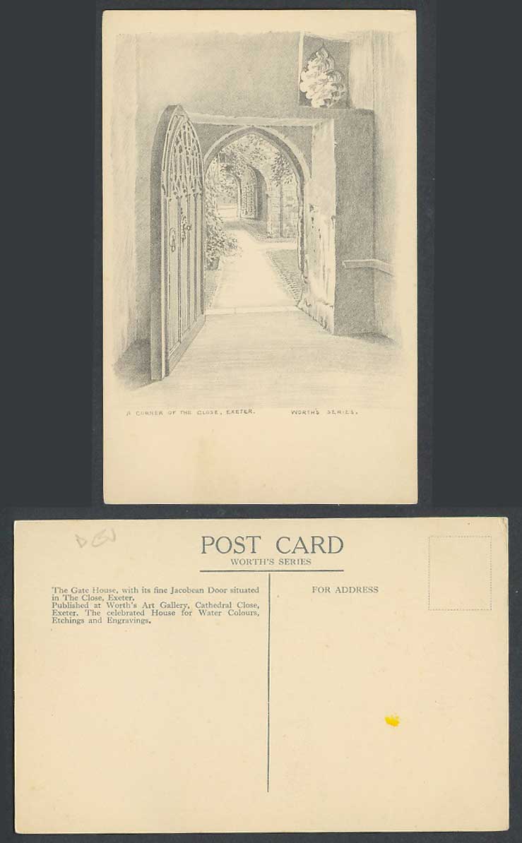 Devon A Corner of The Close Exeter Gate House Jacobean Door Old Postcard Worth's