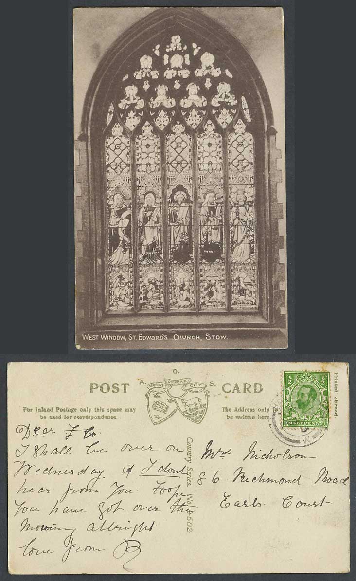 Stow St. Edward's Church West Window Stained Glass Window Glos 1911 Old Postcard