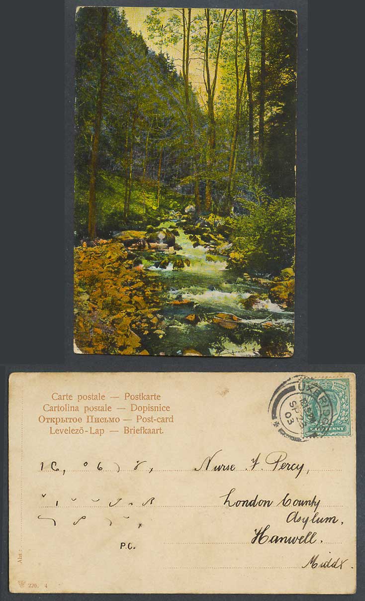Middlesex Uxbridge 1/2d 1903 Old Colour Postcard River Scene Rocks Trees, London