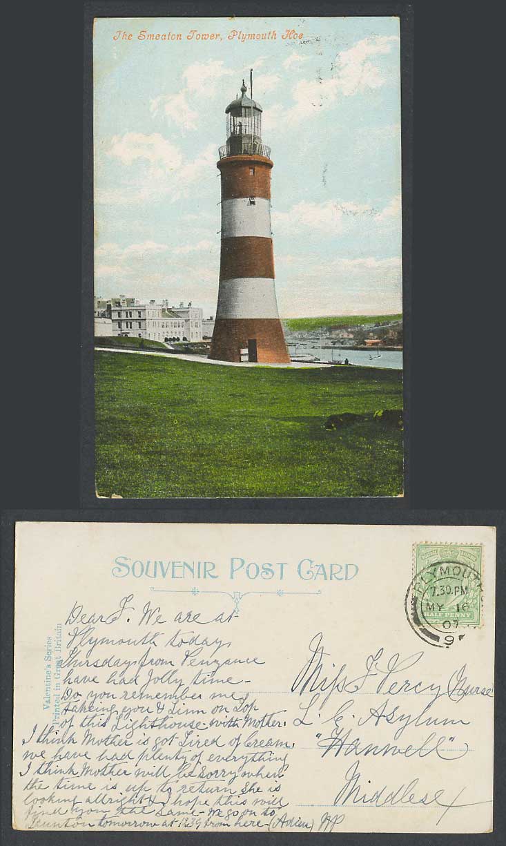 Plymouth Hoe, The Smeaton Tower Lighthouse Devon 1907 Old Colour Postcard Yachts