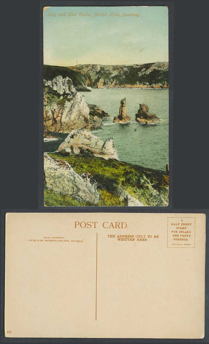 Guernsey Old Colour Postcard Dog and Lion Rocks, Cliffs Panorama Channel Islands