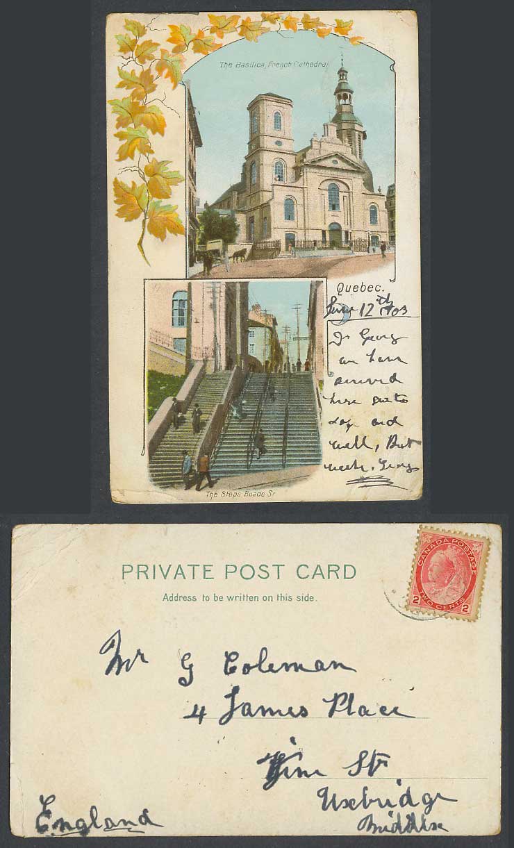 Canada QV 2c Old UB Postcard Quebec The Basilica French Cathedral Steps Buade St