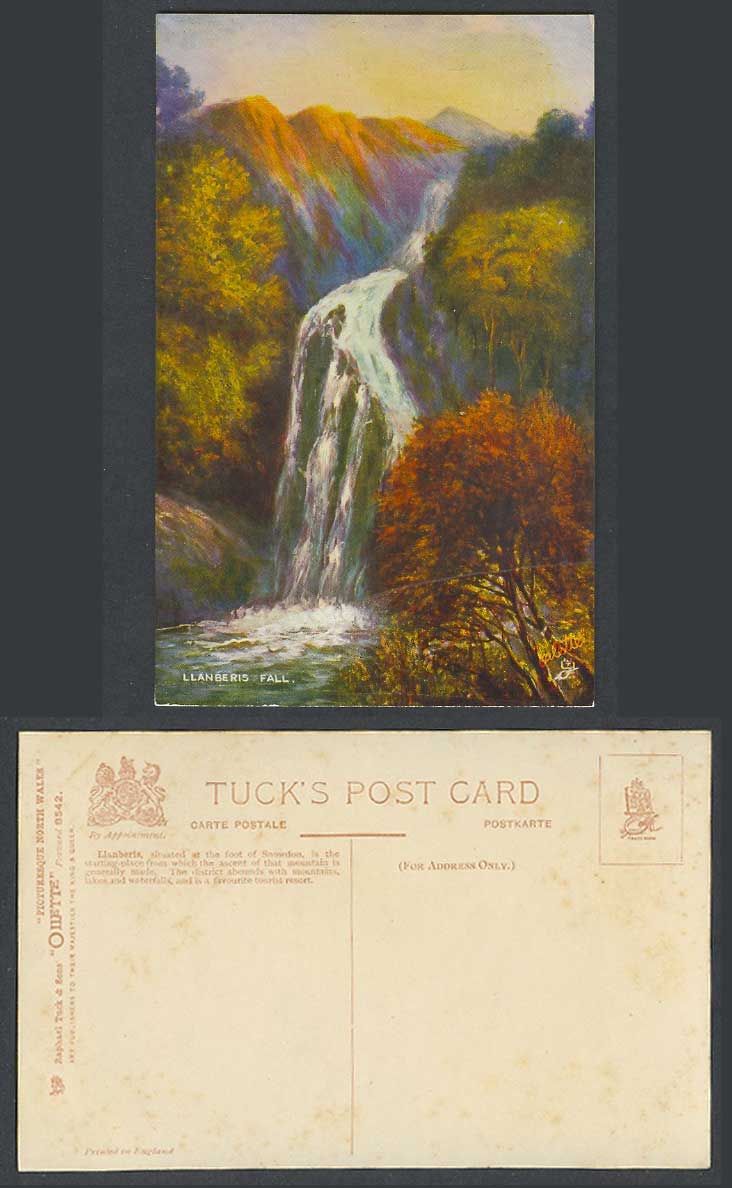 Llanberis Fall Waterfall Snowdon Gwynedd North Wales Tuck's Oilette Old Postcard