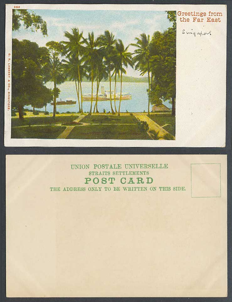 Singapore Old UB Postcard Greetings from The Far East Palm Trees Steam Ship Boat