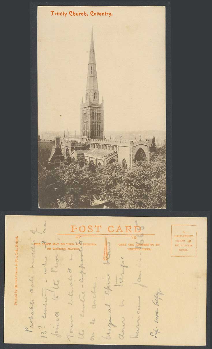 Coventry Trinity Church Tower Warwickshire Old Postcard Harvey Barton & Son Ltd.