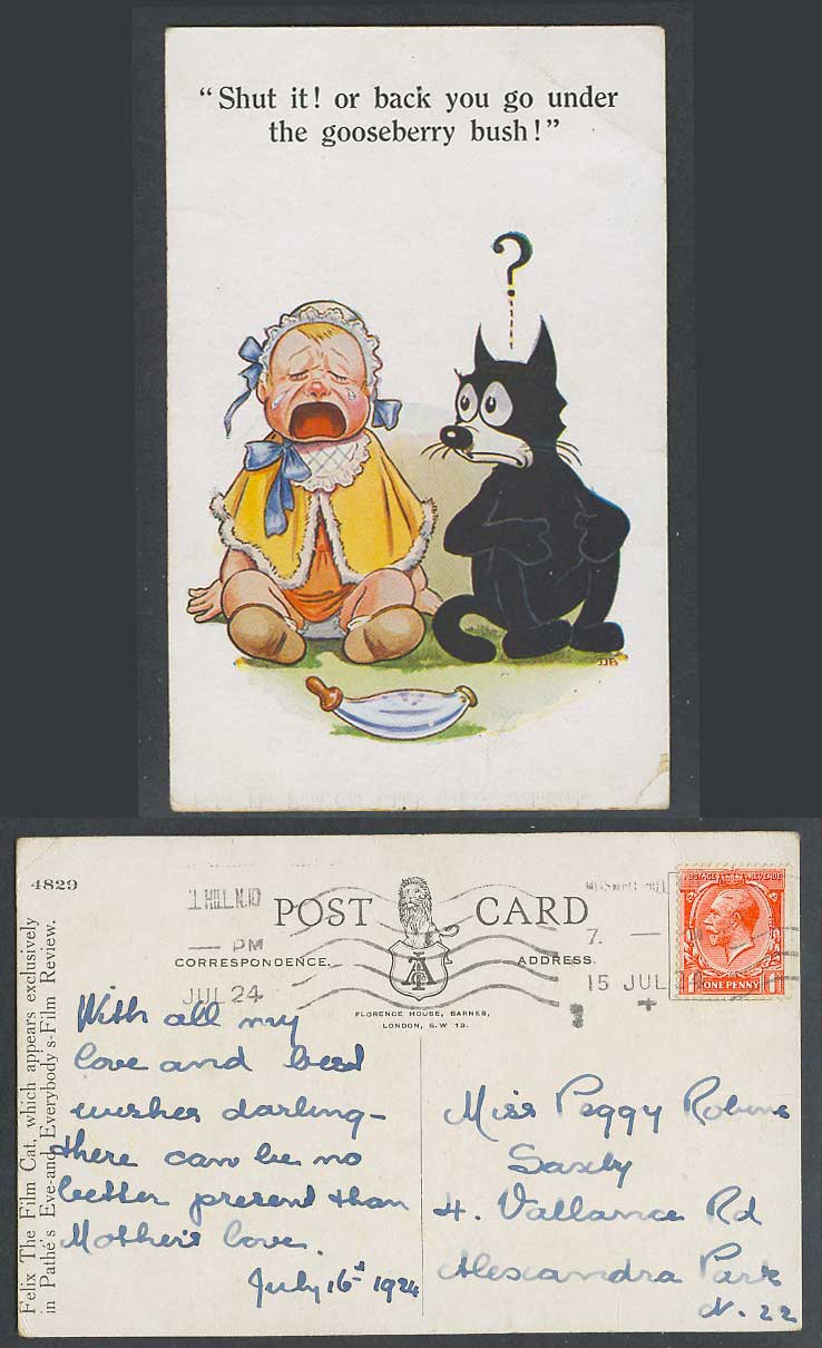 FELIX The Film Cat 1924 Old Postcard Baby Cry Shut or back under gooseberry bush