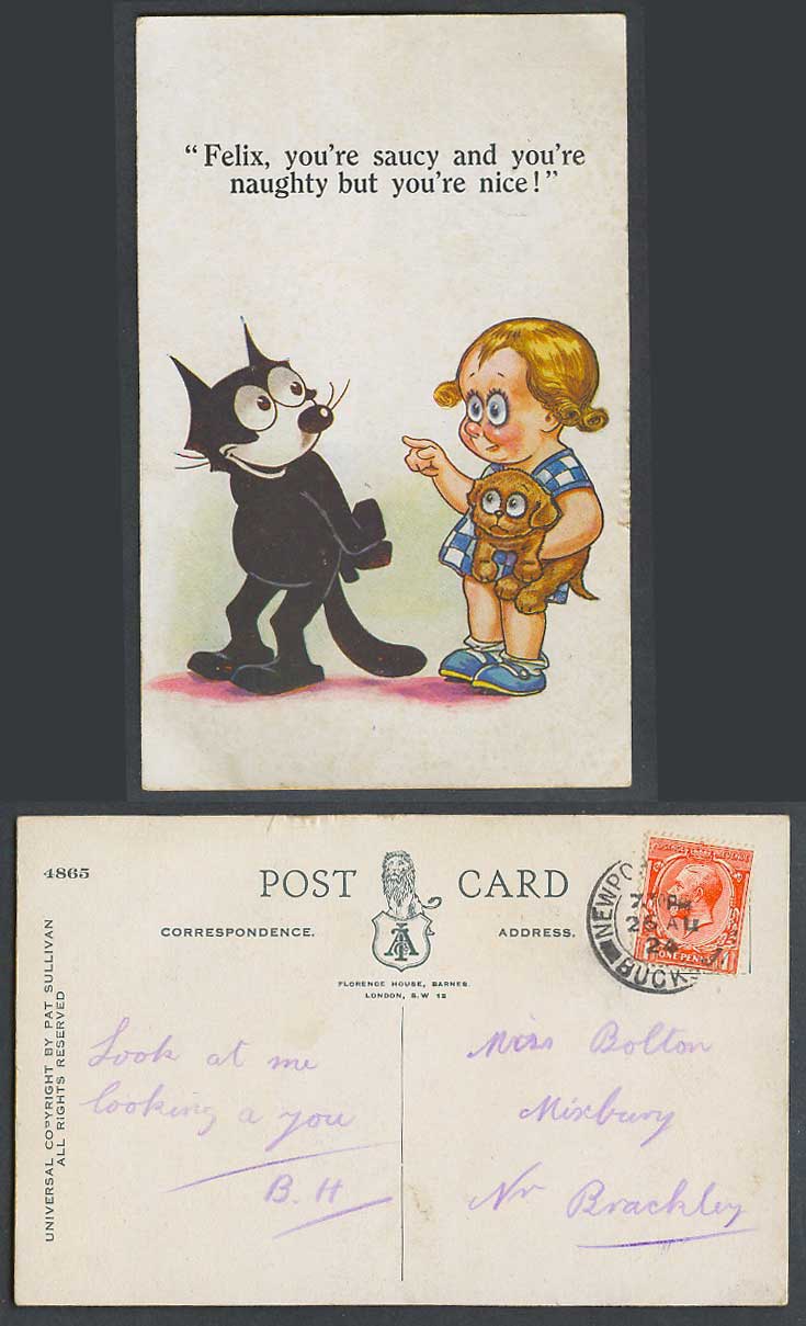 FELIX The Film Cat 1924 Old Postcard Girl Dog, You're Saucy Naughty But U R Nice