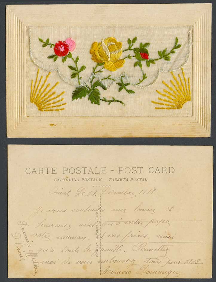 WW1 SILK Embroidered 1918 Old Postcard Sun Rays Flowers, Empty Wallet, La Pensee