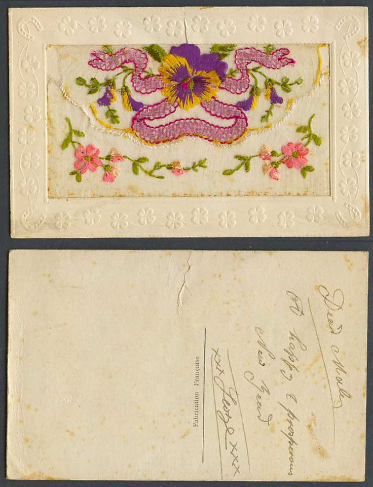 WW1 SILK Embroidered French Old Postcard Flowers, Empty Wallet, Novelty Embossed