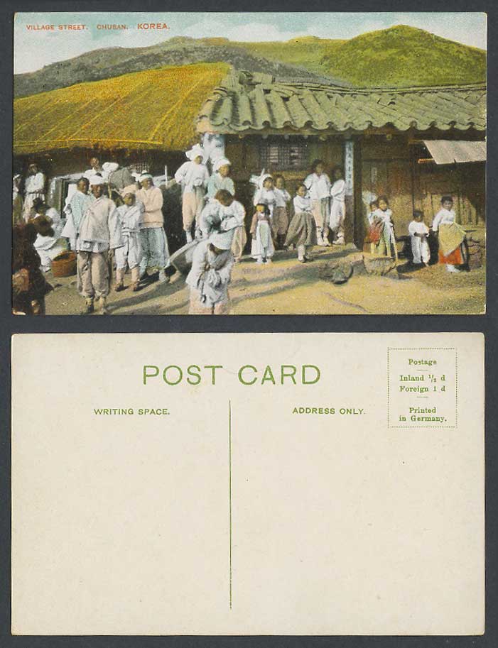 Korea Old Colour Postcard Village Street CHUSAN Korean Children Houses Mountains