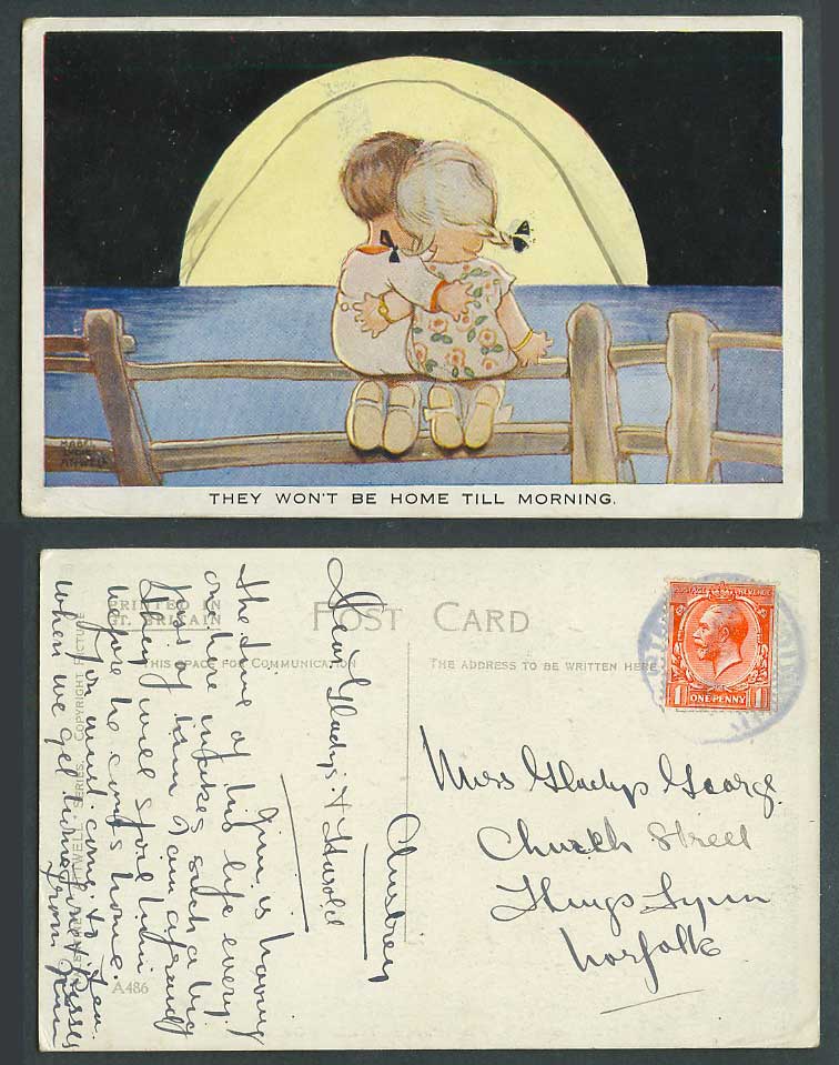 MABEL LUCIE ATTWELL Old Postcard Boy Girl & Moon Won't Be Home Till Morning A486