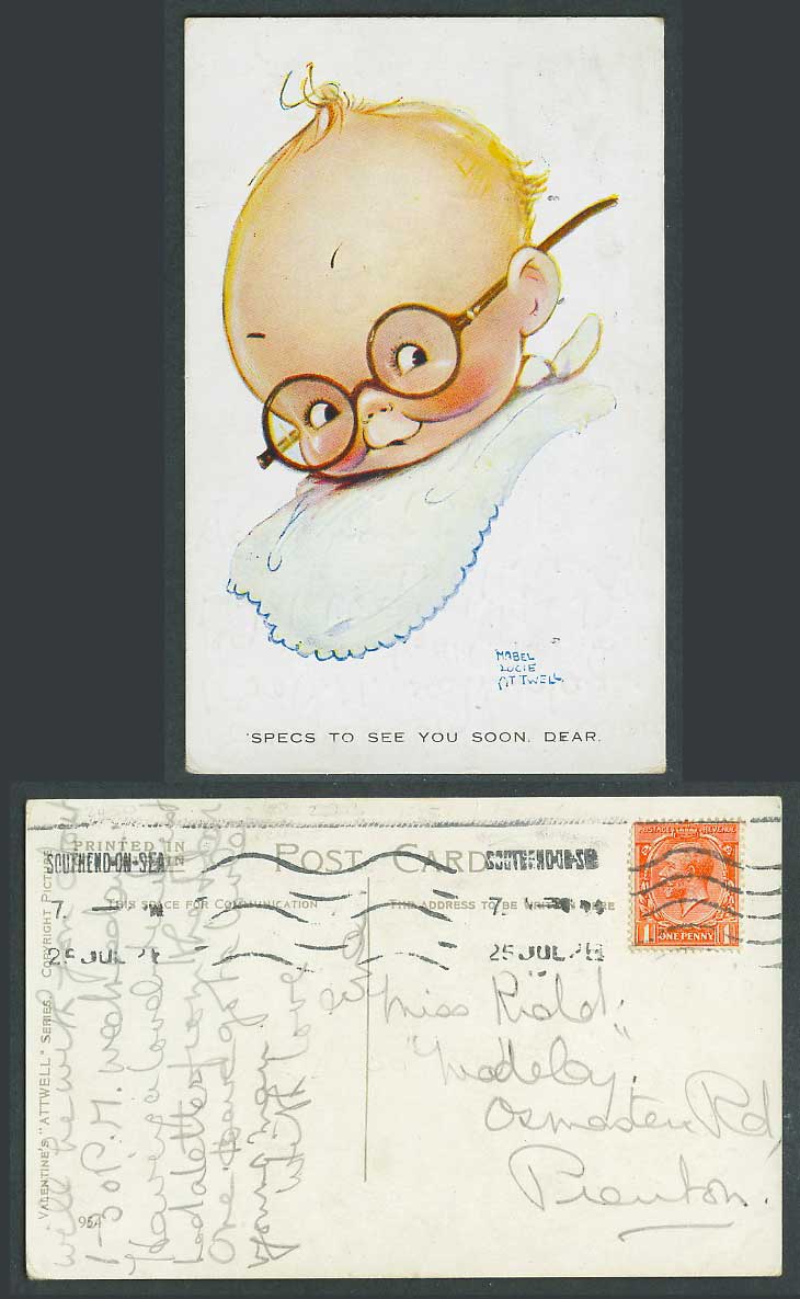 MABEL LUCIE ATTWELL 1928.Old Postcard 'Specs To See You Soon Dear Spectacles 954
