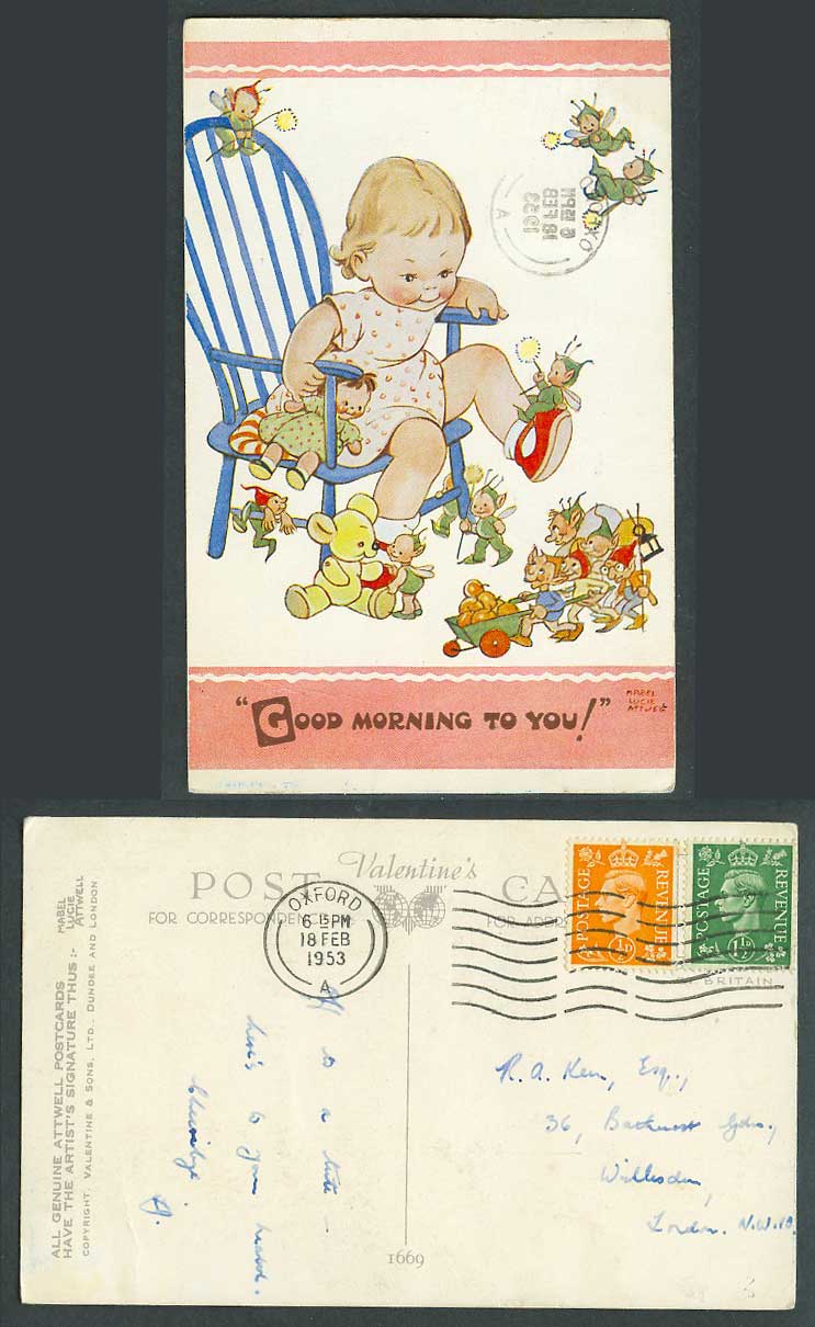 MABEL LUCIE ATTWELL 1953 Old Postcard Teddy Bear Fairies Elves Good Morning 1669