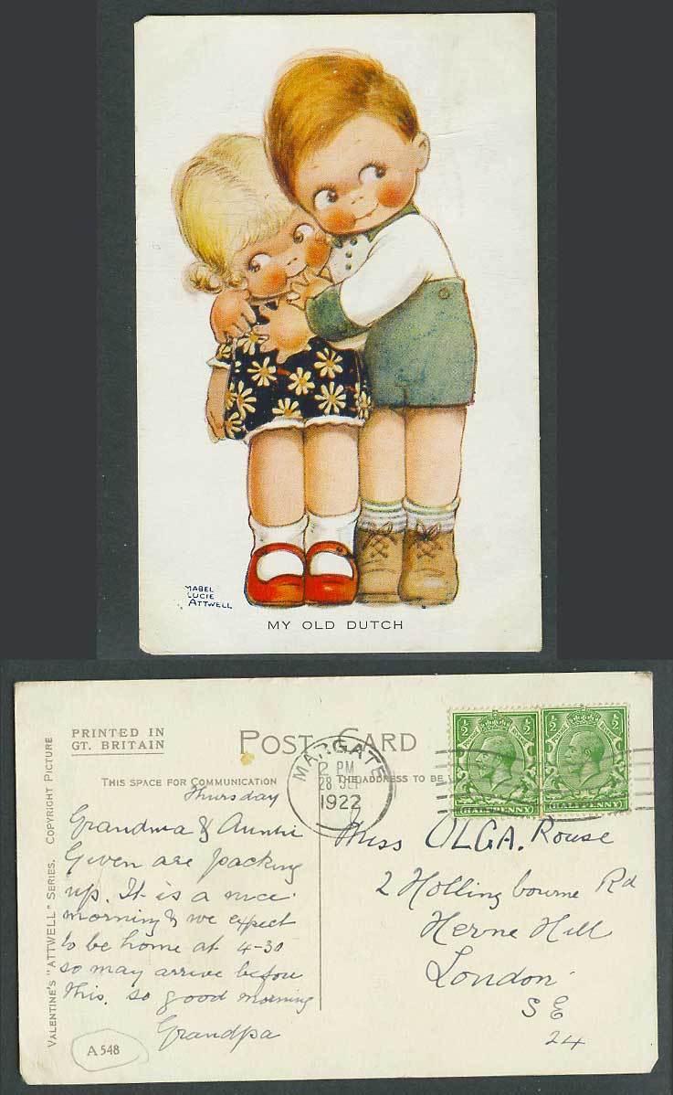 MABEL LUCIE ATTWELL 1922 Old Postcard My Old Dutch, Little Girl Boy Hugging A548
