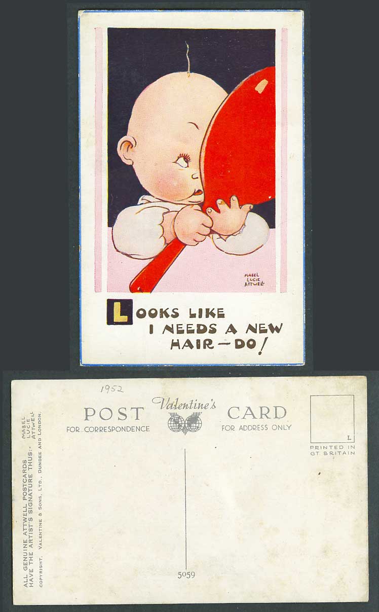 MABEL LUCIE ATTWELL Old Postcard Looks Like I Need New Hair-Do! Baby Mirror 5059