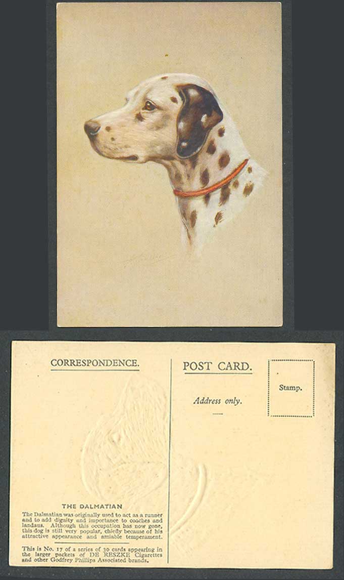 The Dalmatian Dog Puppy Runner Artist Signed Old Postcard DE RESZKE Cigarette 17